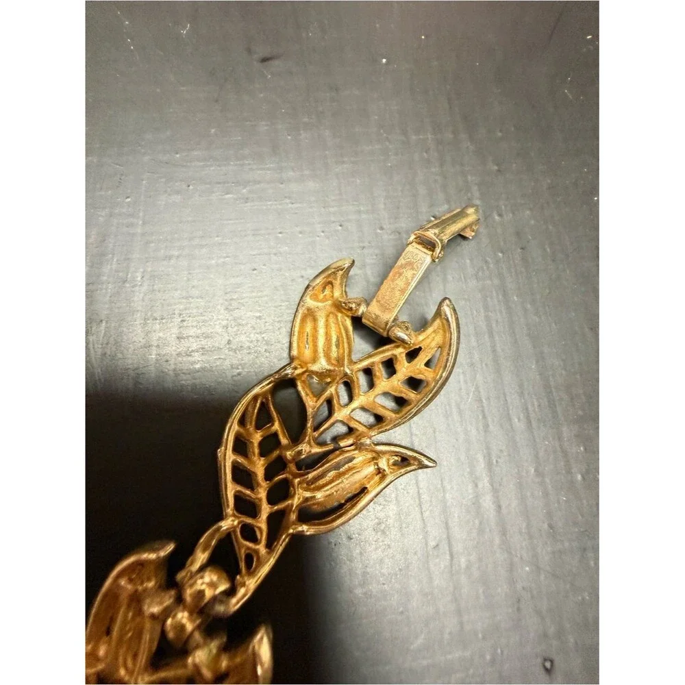 Gold Tone Leaf Link Bracelet Blue Rhinestone Vintage Style